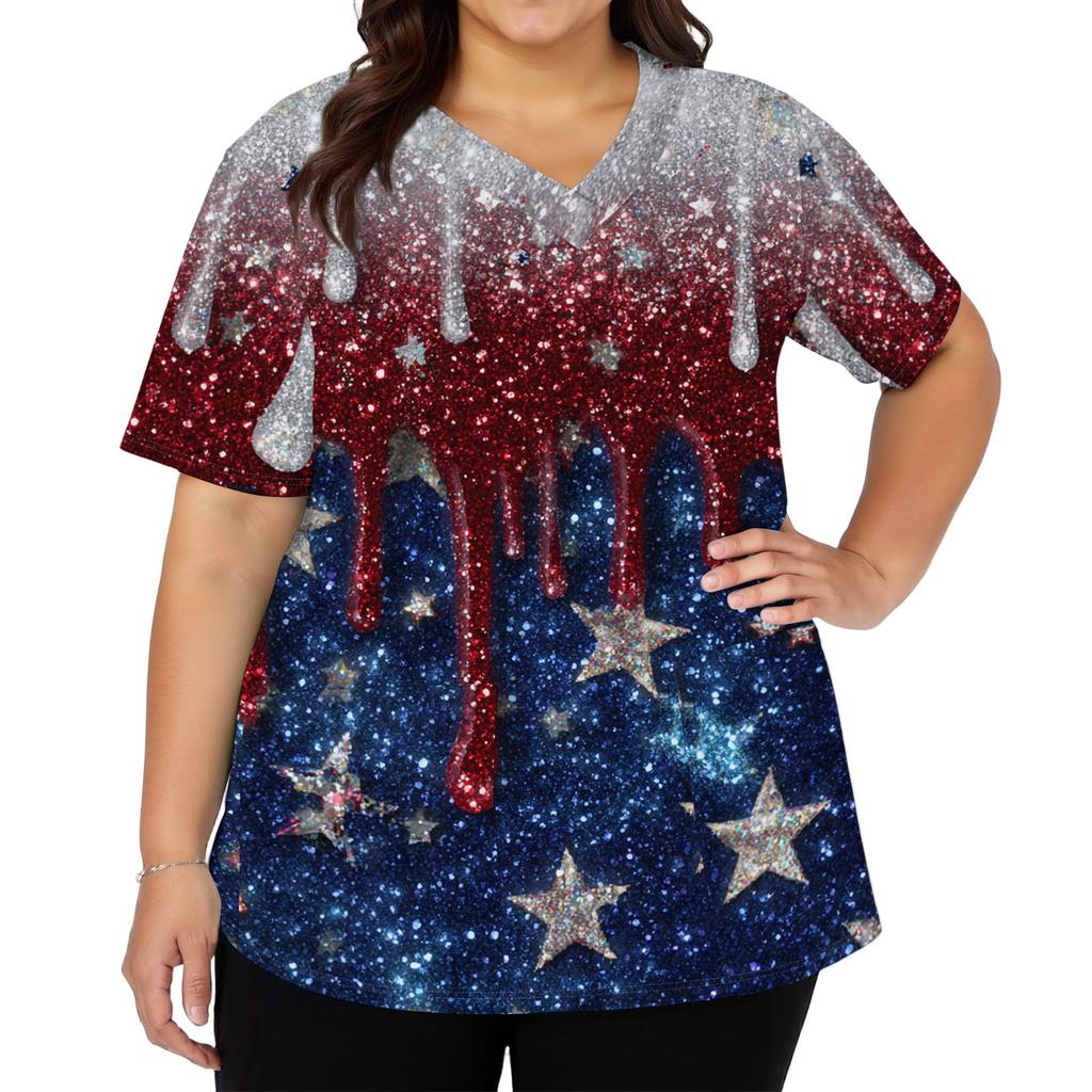 Women's Fashionable Casual Independence Day American Flag And Stars Print V-neck Short-Sleeved Work Shirt With Double Side Slits And Pockets