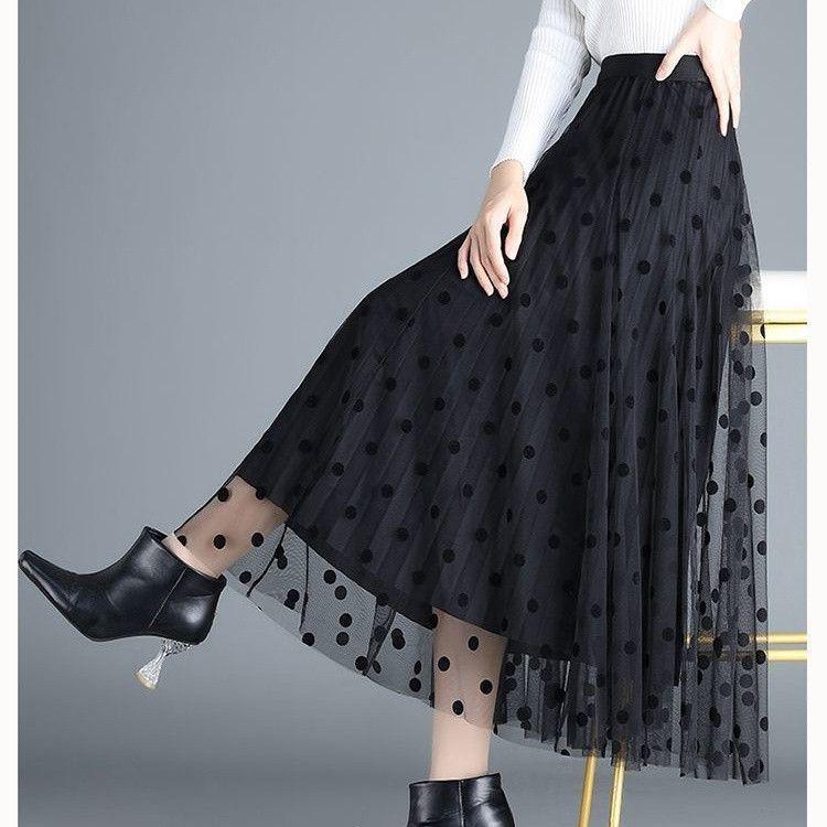 2025 Summer High Waist Polka Dot Floral Mesh Midi Skirt