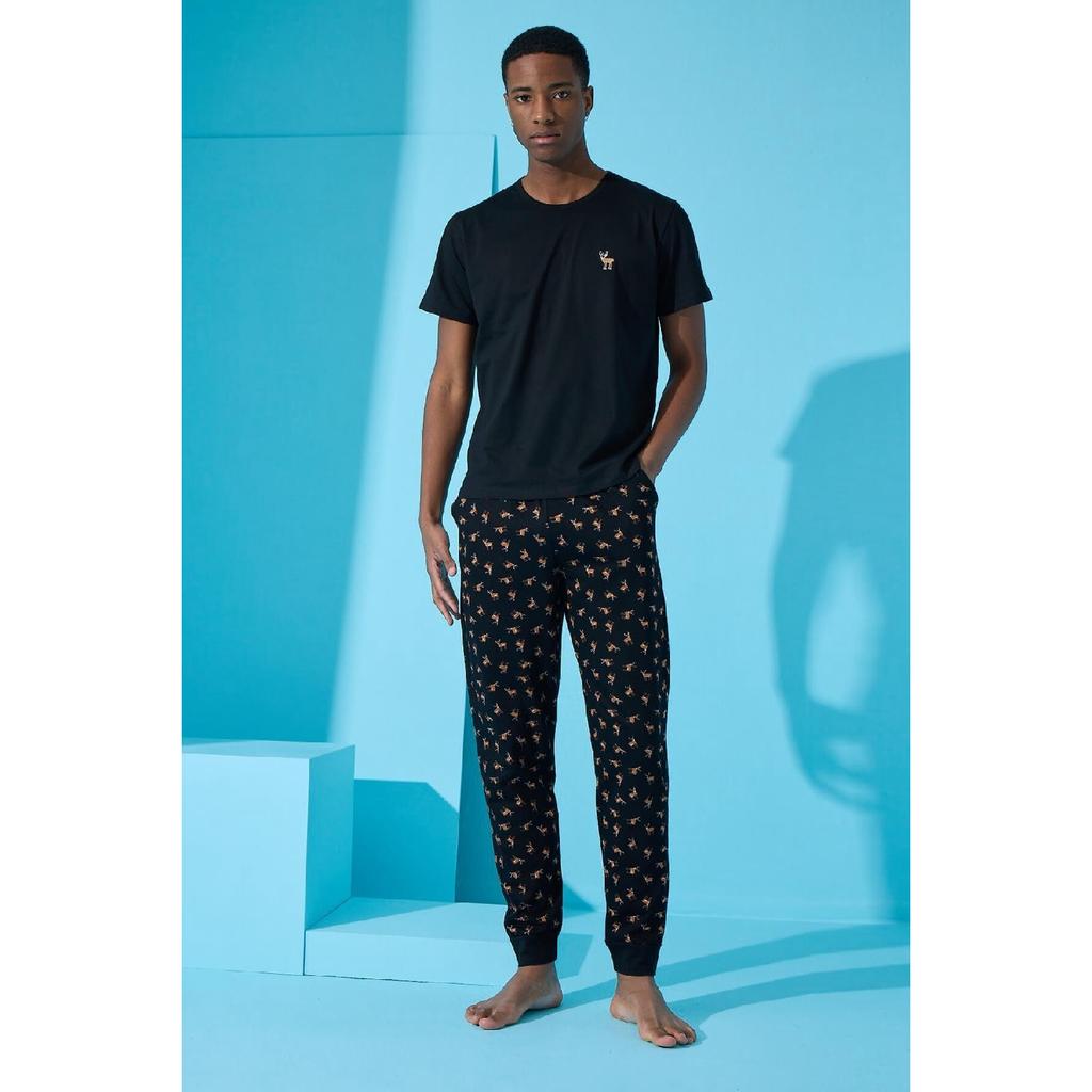 Kurzärmliges Herren-Pyjama-Set mit Dogg-Print in Schwarz