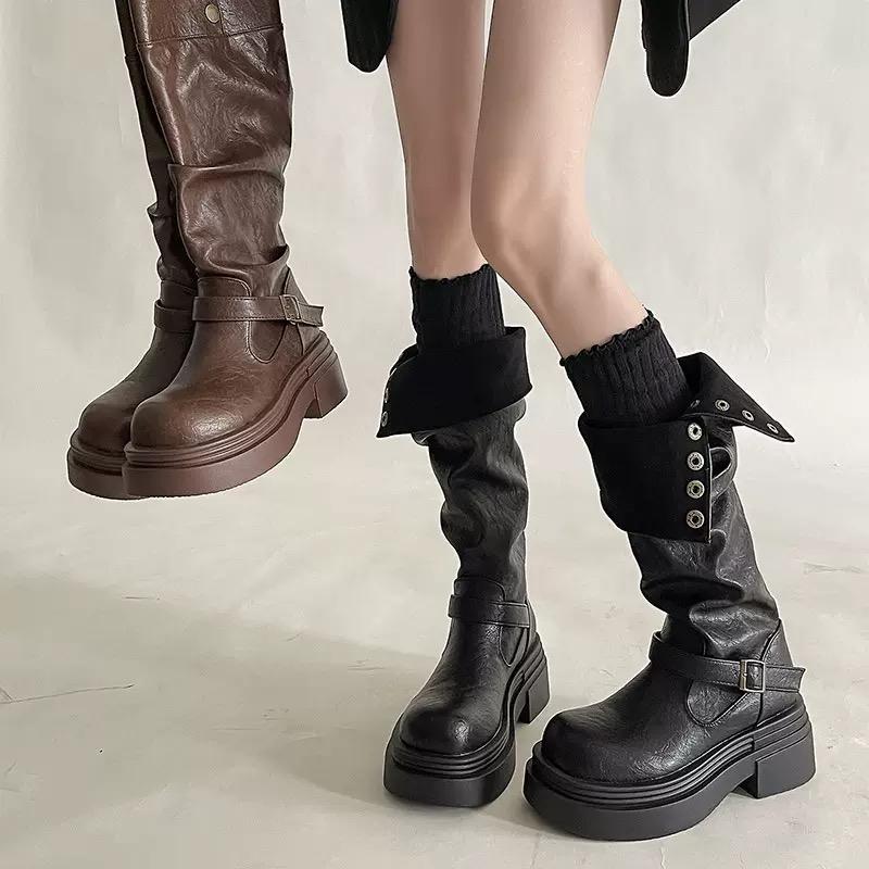 Fashion Long Boots Women's Autumn and Winter New Style Leather Buckle Strap Thick Soled Boots Fashionable British Knee High Knight Boots