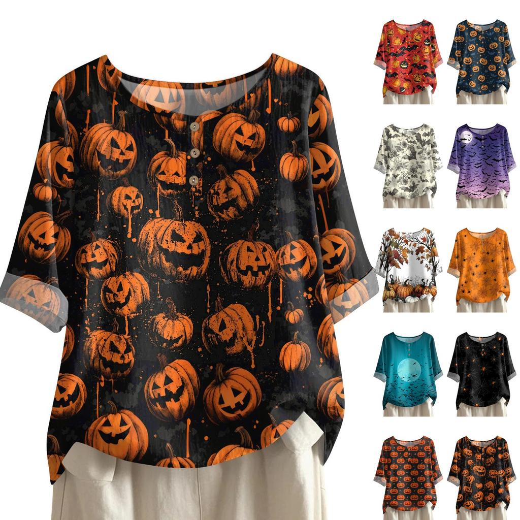 Damen Modisches Und Lässiges Shirt Halbarm Rundhals Print Baumwolle Und Leinen Bluse Top
