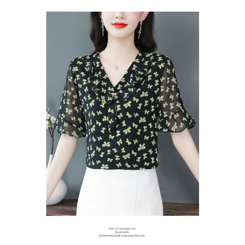 High-end Chiffon Shirt Fashionable Upscale Summer Loose Short-sleeved Top Elegant Dress Top