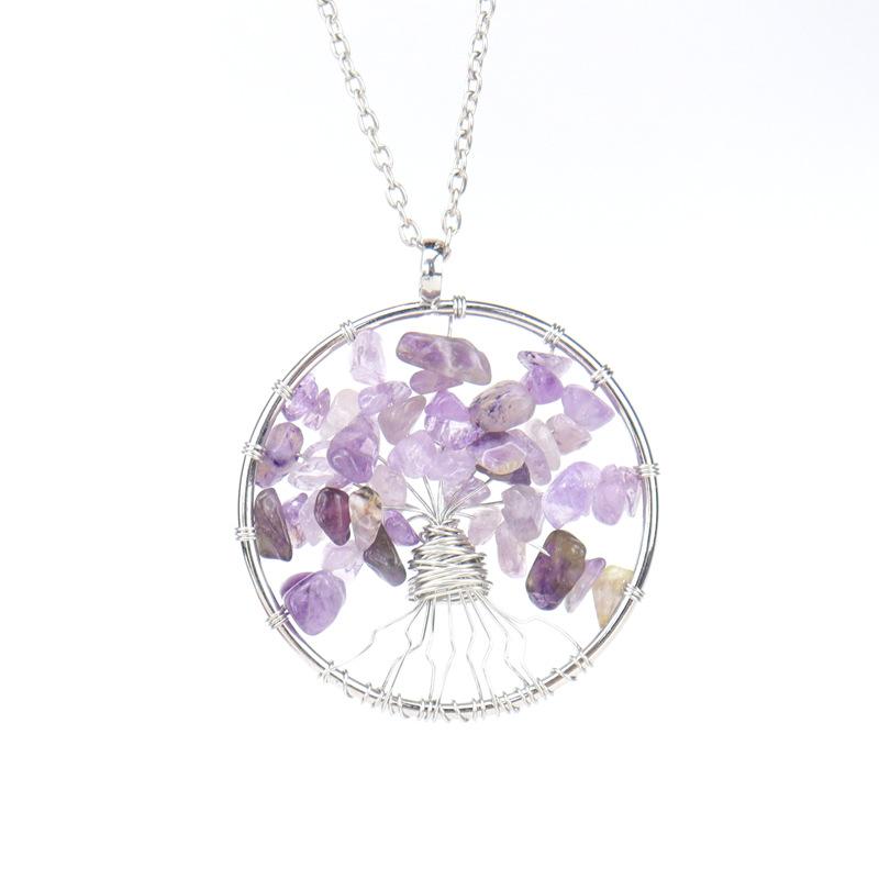Winding Natural Stone Crystal Tree Of Life Necklace, Colorful Stone Necklace Jewelry N106