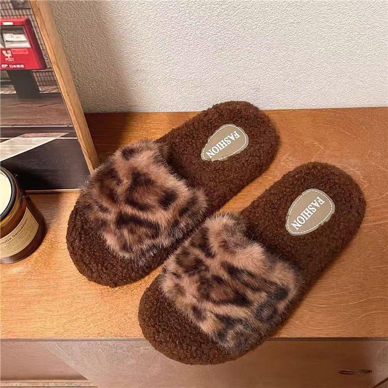 

2025 Women s Leopard Print Fuzzy Non-Slip Cotton Slippers for Autumn/Winter 38-39