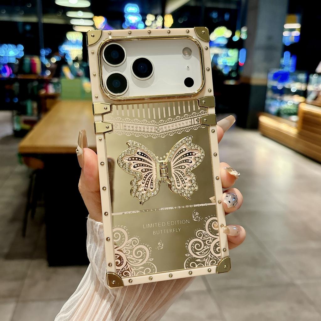 Applicable to Apple 17 electroplated inner diamond mirror mobile phone case iphone12 gilt butterfly bracket protective case square