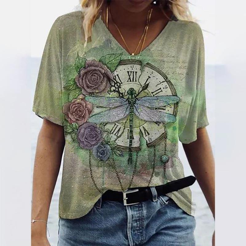 

Summer Refreshing Color Women s T-Shirt Fashion Floral Print Breathable V-Neck Short Sleeve Tees Oversize Casual Female Clothing L