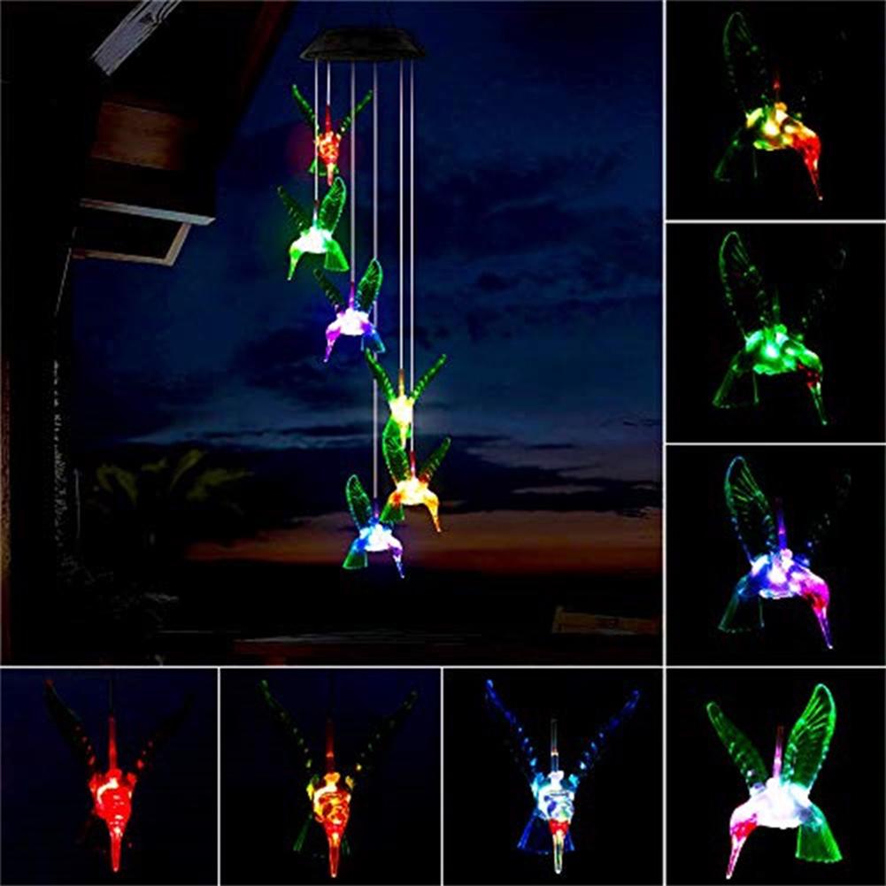 LED Solar Wind Chime Butterfly Crystal Windchime Hummingbird Color Changing Waterproof Outdoor Windchimes for Garden Decoration
