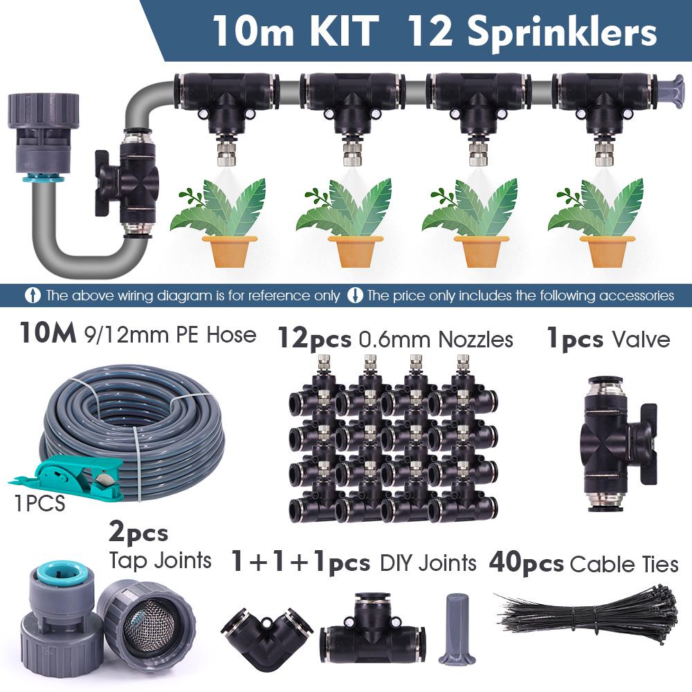 3/8" 9/12mm Misting Cooling System 0.6mm Nozzles Fine Atomizer PE Tubing Filter Self-priming Pump Garden Irrigation Watering Kit