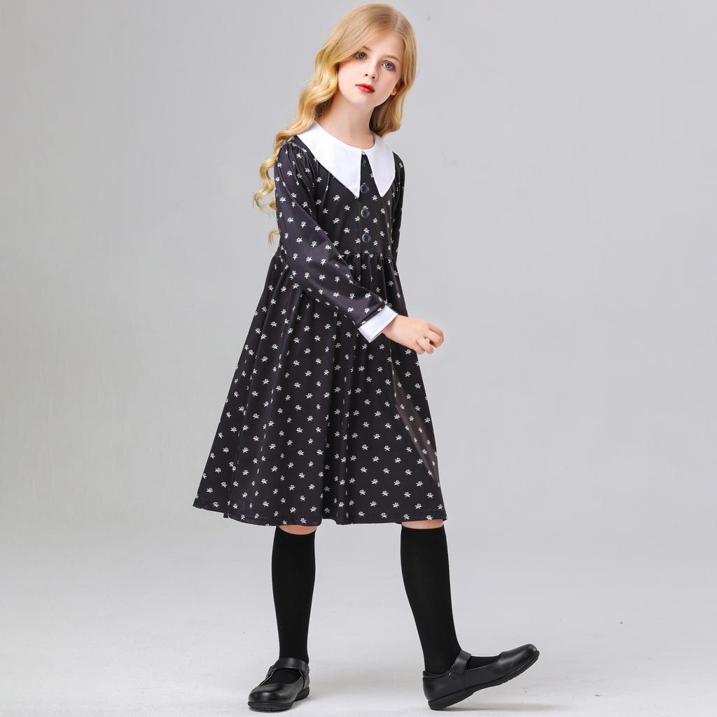 Halloween Cosplay Wednesday Adams Cosplay Girl Black Dress Dress Performance Dress