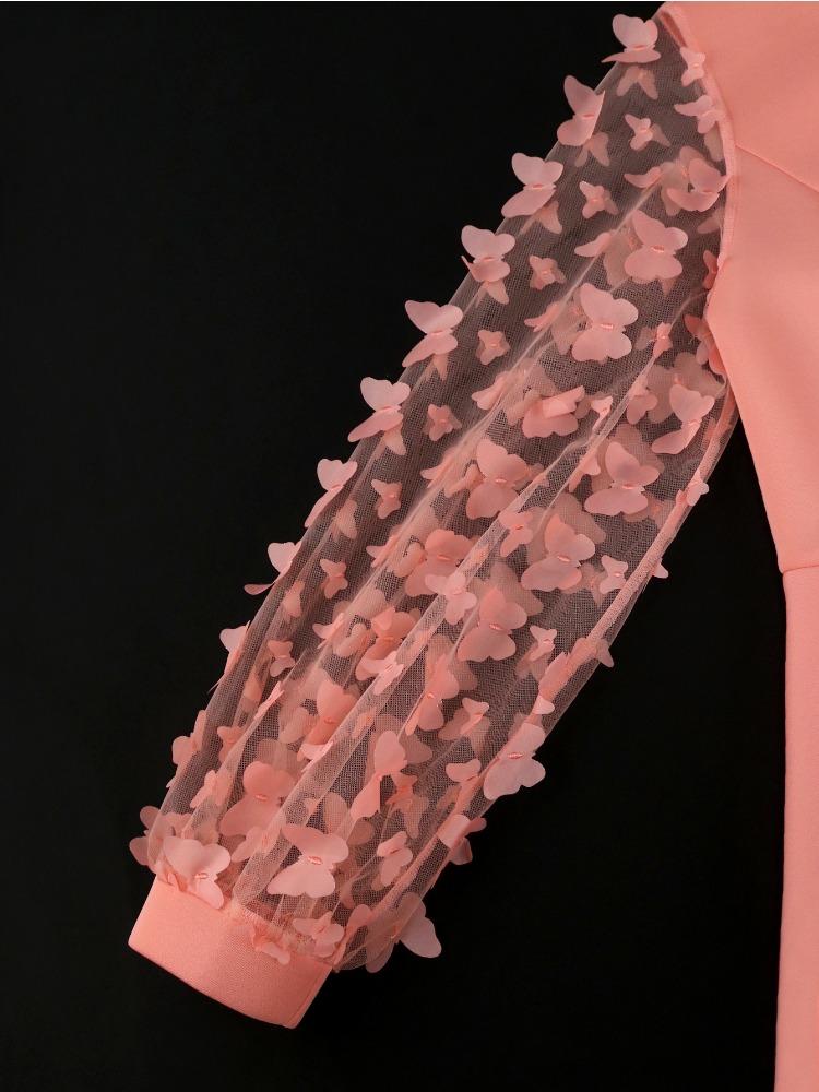 Elegantes Paket Hüftkleid O-Ausschnitt 3D-Blumen-Patchwork Florales Netz Puffärmel Schößchen Kirchenveranstaltung Party Stilvolle Abendanlässe