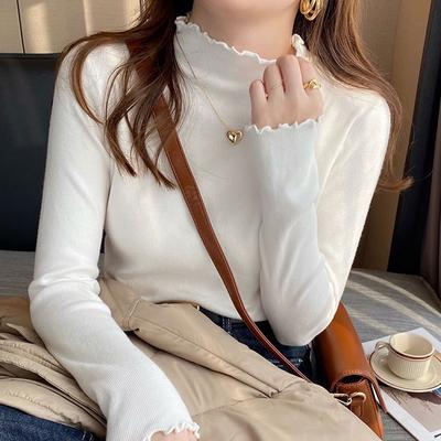 Autumn and Winter Women's Bottoming Shirt Inside The Fashionable Wooden Ear Edge Half High Neck Soft Sweater Knitted Tops