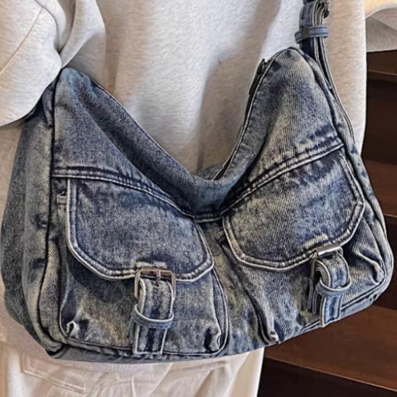 Hong Kong Style Retro Denim Niche Tote Bag Large Capacity Casual All-matching Commuting Shoulder Fashionable Women's