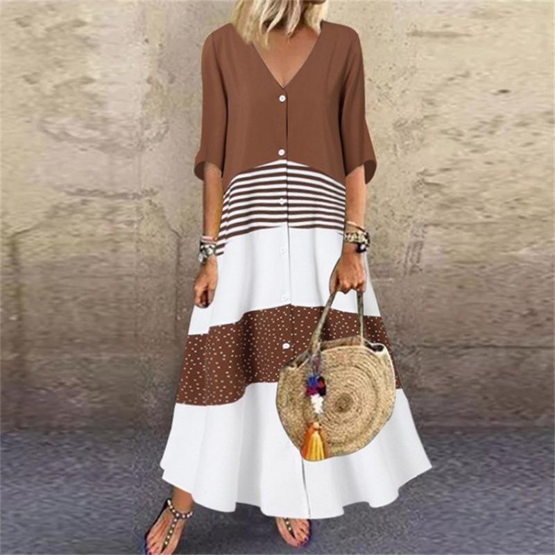 

V Neck Short Sleeve Maxi Dress Button Front Color Block Striped Polka Dot Print Casual Loose Fit A Line Daily Vacation Women s Long Dress S коричневый