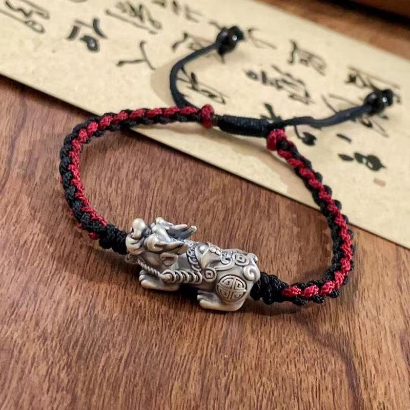 999 Sterling Silver 3D Pixiu Couple Bracelet with Red Rope for Zodiac Luck