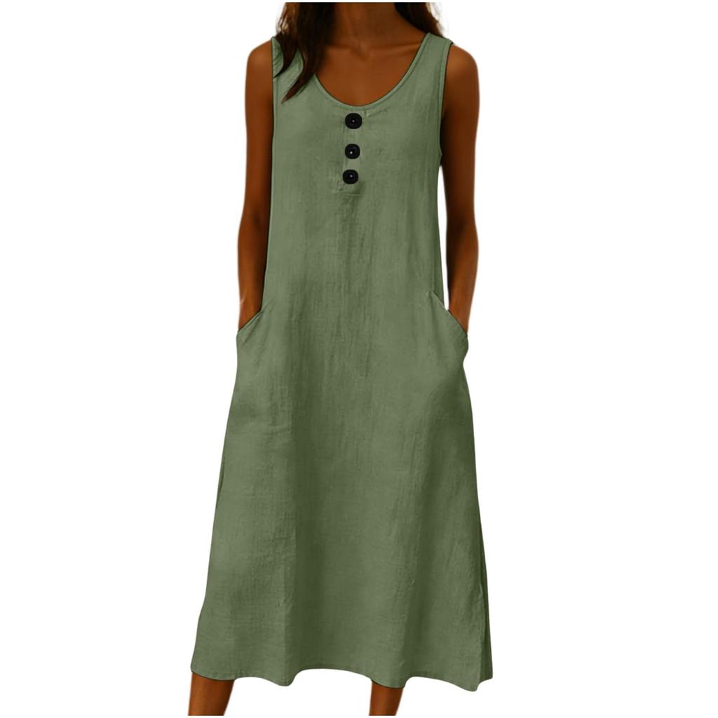Sleeveless Casual Washed Wrinkle Dress for Women with Button Front and Pockets Loose Fit Midi Length Summer Dress