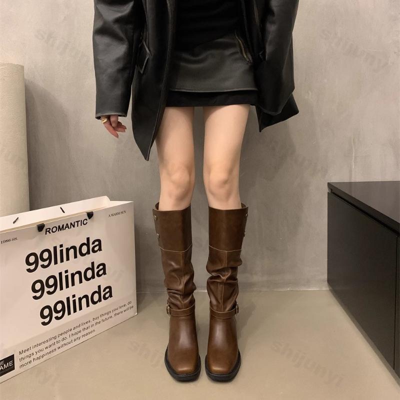 Shoes for Women Autumn Fahsion Buckle Knee High Boots Retro Tall Boots Woman Pleated Low Heel Casual Leather Female Long Boots