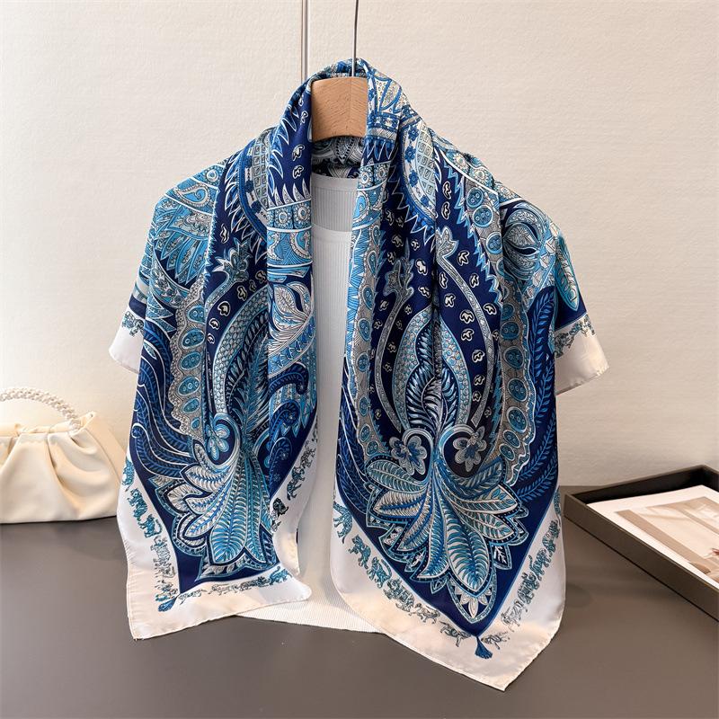 

European And American Retro Fashion Satin Simulation Silk Printing Large Square Scarf Silk Scarf Shawl Headscarf Neck Protection Scarf Scarf 90*90cm