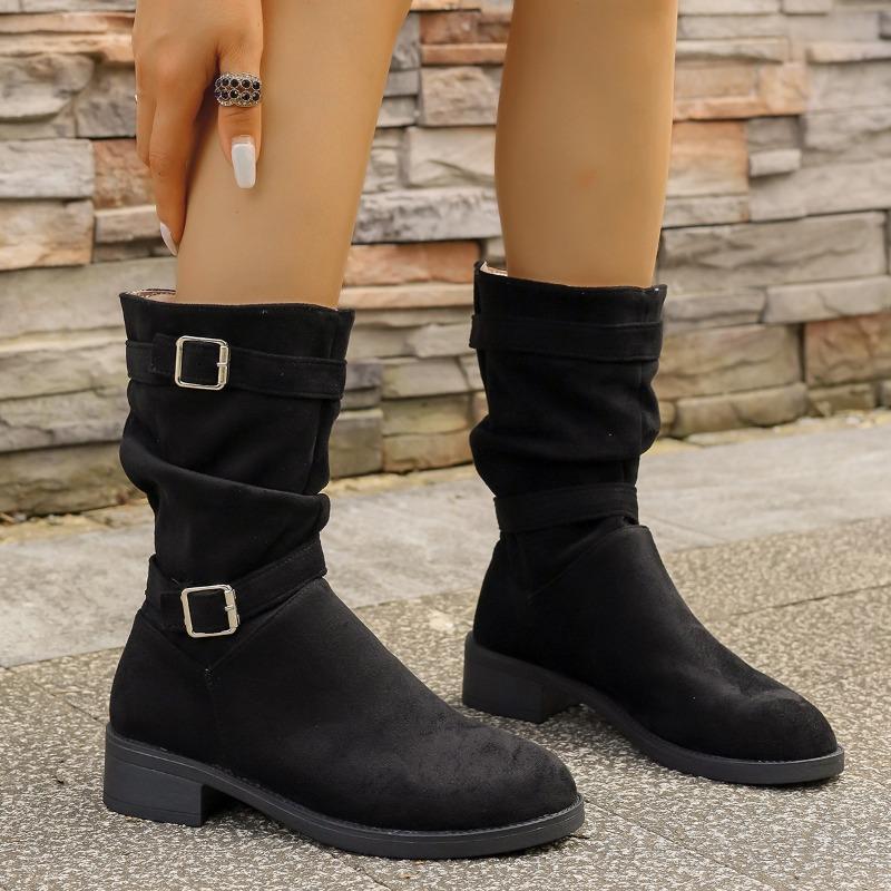 Block Heel Suede Mid-Tube Boots Women's Autumn New Pointed Toe Metal Buckle Soft Slip Stack Boots