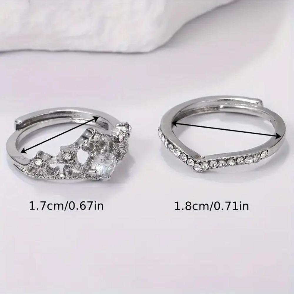 2 szt. Zestaw pierścionków Elegancka Korona Księżniczki Cyrkonie, Regulowany Otwarty Pierścionek dla Pary, Zestaw Obrączek Ślubnych, Prosty Pierścionek na Palec Wskazujący