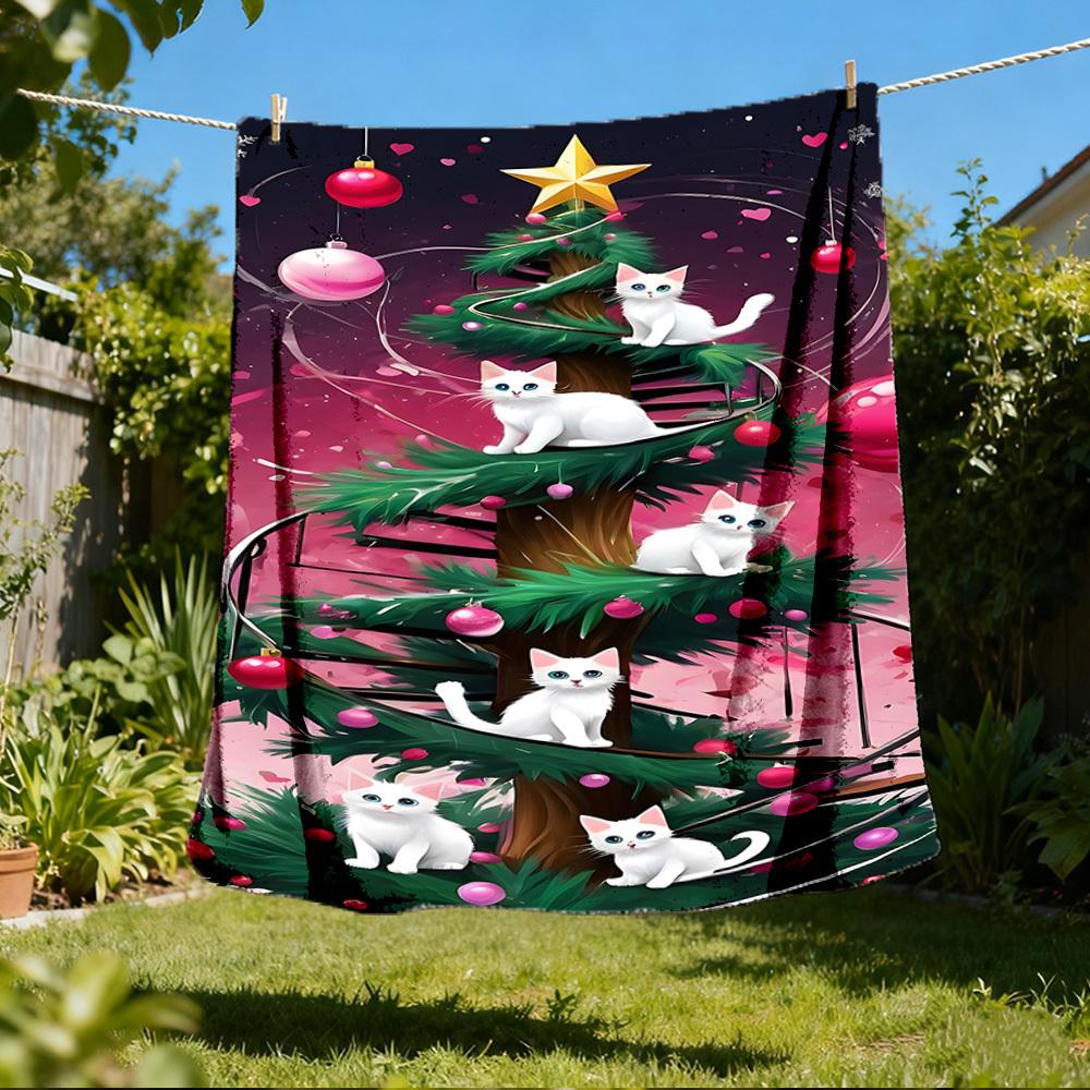 1pc Christmas Tree Cats Outdoor Flannel Blanket , Machine Washable Perfect Gift for Birthday , Holiday Travel Accessory , Durable Material