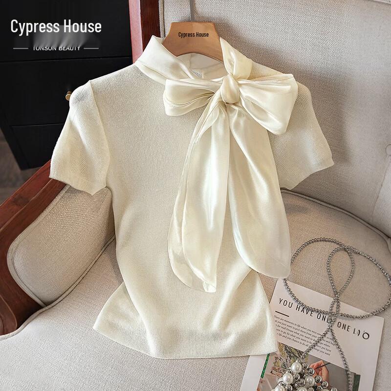 Women s Bow-Detail Lamb Wool Blend Short-Sleeve Knit Top One Size