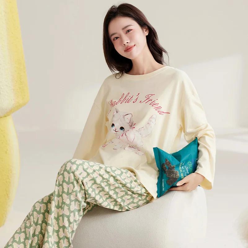 Niedliches Katzen-Pyjama-Set Damen Herbst Winter Langärmlig Lange Hose Nachtwäsche Weiche Pijamas Gemütliche Pyjamas Kawaii Nachthemd Mädchen