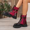 Side Zip Block Heel Booties Round Toe Spliced Lace-up Metal Chain Soft Sole Non-Slip Plus Size Women's Shoes