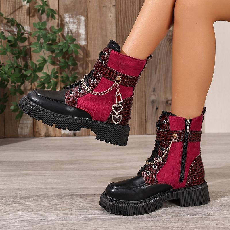 Side Zip Block Heel Booties Round Toe Spliced Lace-up Metal Chain Soft Sole Non-Slip Plus Size Women's Shoes