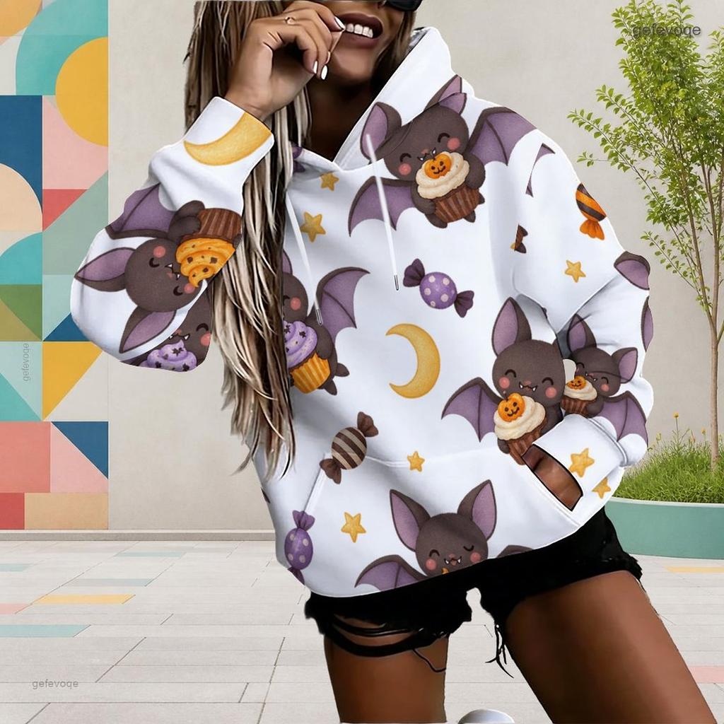 Women Plus Size Long Sleeve Drawstring Hoodie Cute Cartoon Bat Print White Kangaroo Pocket Pullover