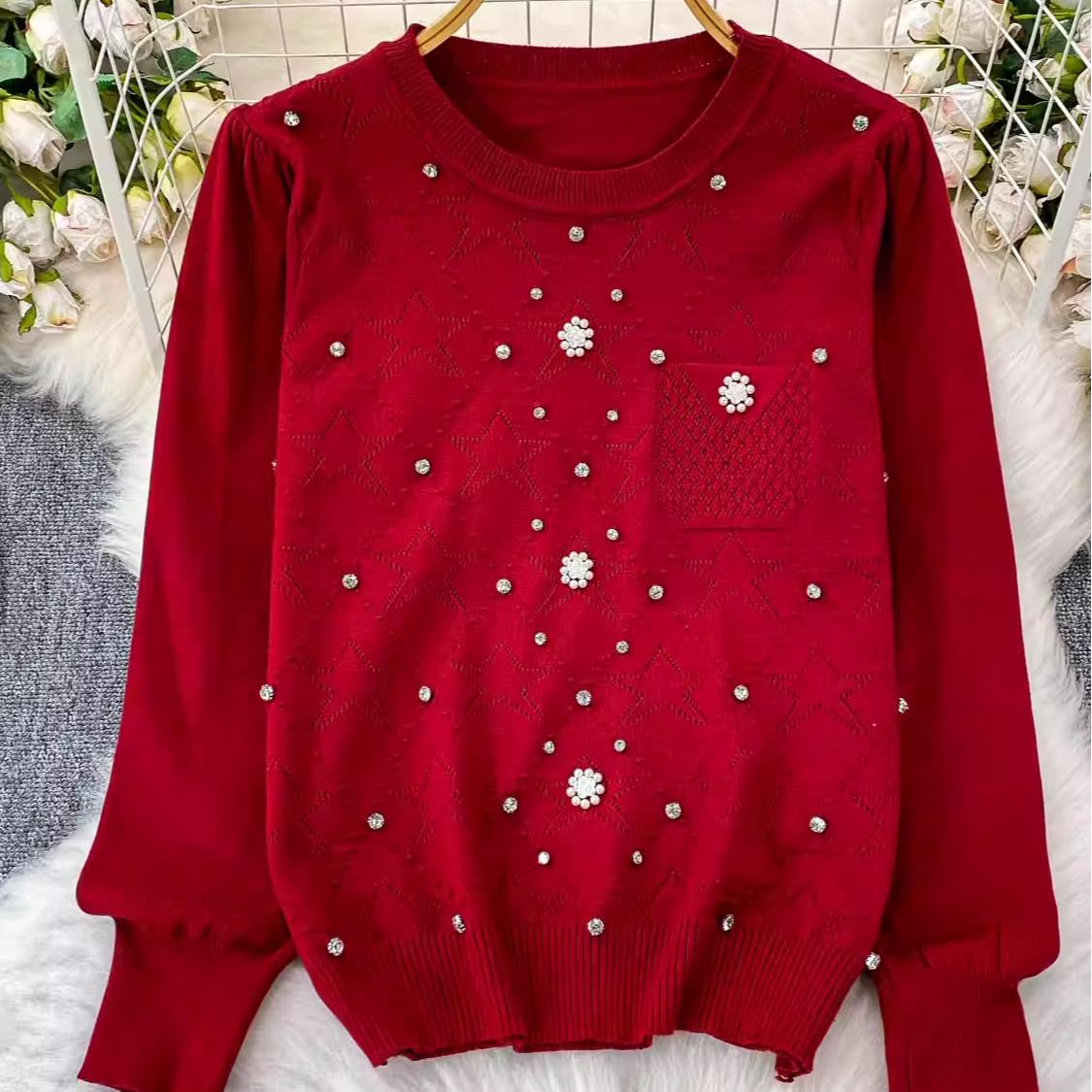 

Свободный и стройнящий вязаный свитер для женщин на осень и зиму, с высококачественным, нишевым топом, украшенным бисером и бриллиантами One size красный