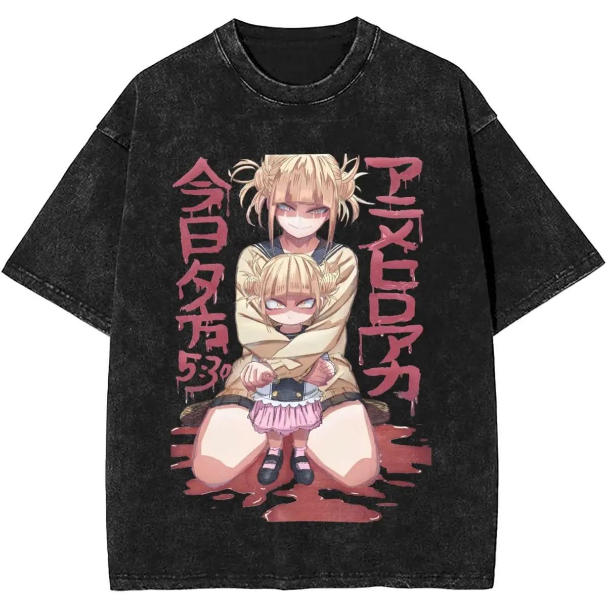 Stylish Vintage Washed Black My Hero Academia Himiko Toga Anime Graphic Print Cotton Short-Sleeve Print T-shirt L