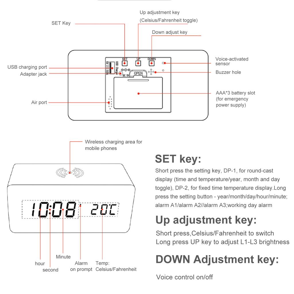 Sveglia digitale in legno con ricarica wireless 3 allarmi Display a LED Controllo audio per camera da letto