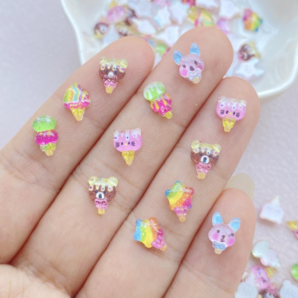100Pcs Cute Mini Cartoon Little Bear, Star, Rabbit Ice Cream Nail Art Resin Designer Charms DIY Craft For Nail 3D Decorations