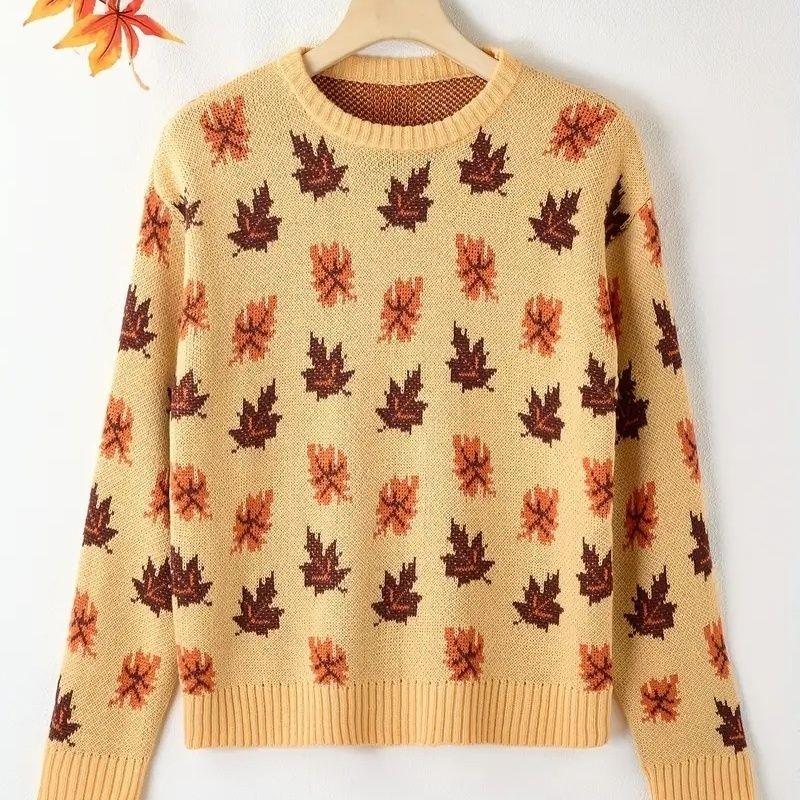

Женский свитер с жаккардовым рисунком кленовых листьев, с длинными рукавами и круглым вырезом, полностью вязаный, осенне-зимний, новый, повседневный, женский, свободный и теплый топ XXXL бежевый