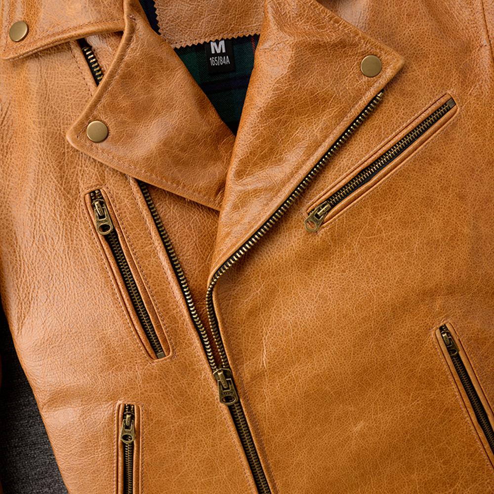 Natural Oil Waxed Cow Leather Jacket For Men Biker Clothes Yellow Soft Genuine Cowhide Coat Autumn