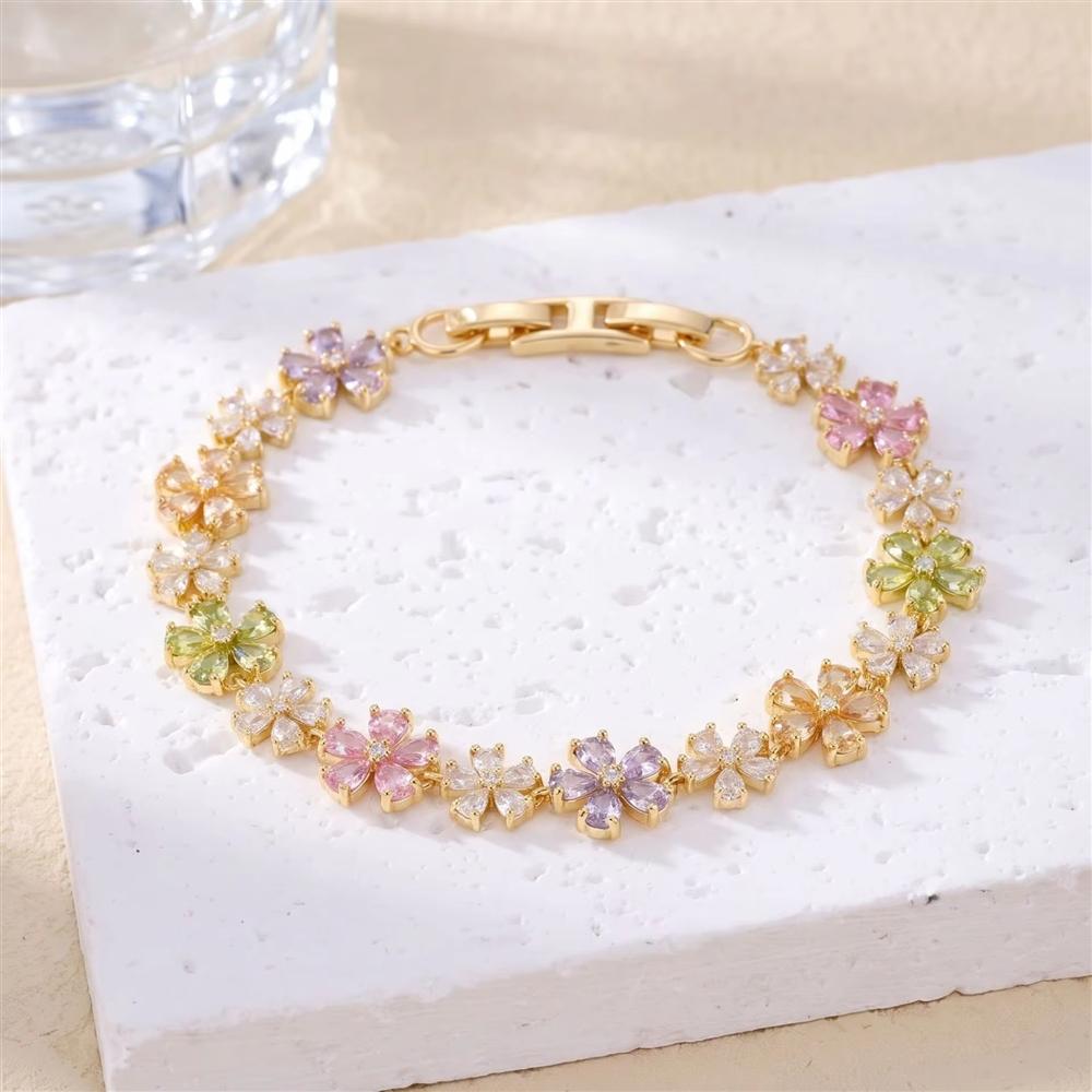 Trendy 14K Real Gold Plated Multi Color Zircon Link Chain Bracelet Delicate Ladies Bling Wrist Jewelry in Stock