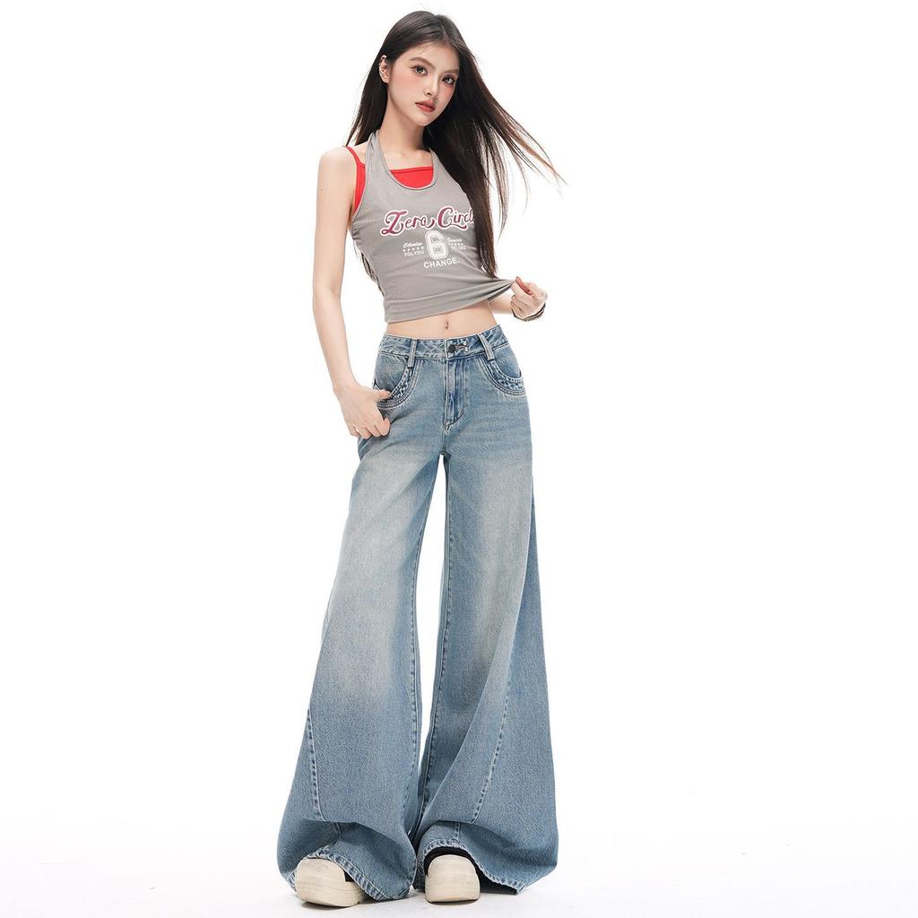 Spring Summer Vintage Deconstruct Design Relaxed Flare Wide Leg Denim Pants For Ladies Casual Pants Oversize Denim Trousers