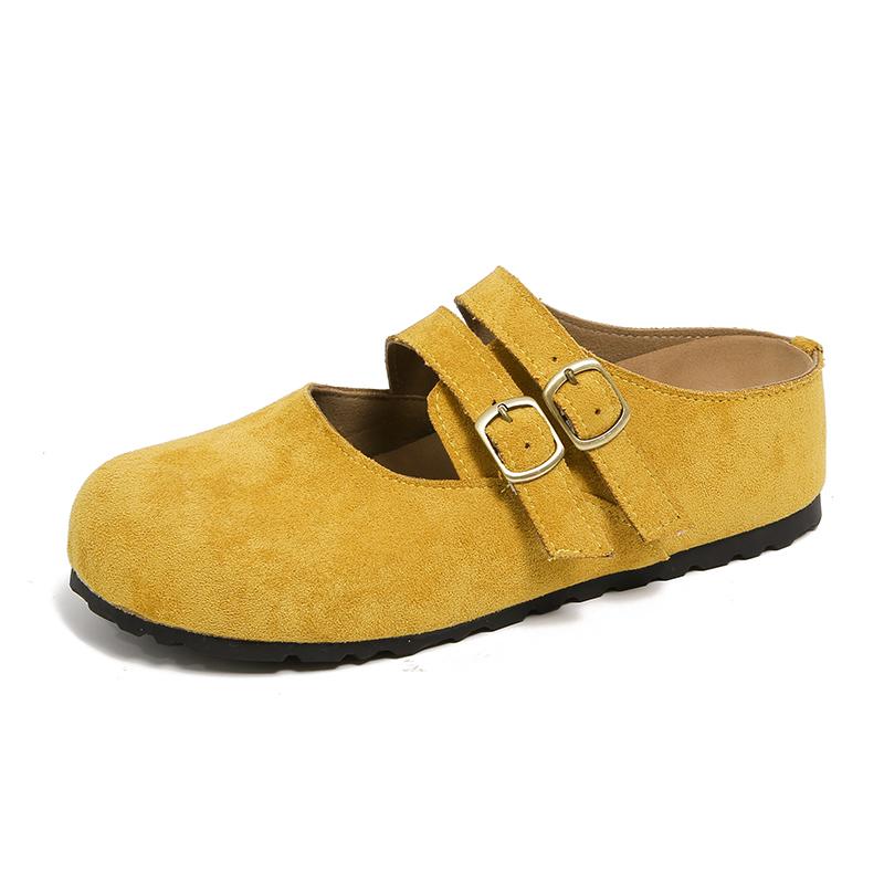 Fashion Baotou Slippers Spring New Style Round Head Shallow Mouth Cow Suede Cover Foot Anti-slip Wear-resistant Flat Shoes