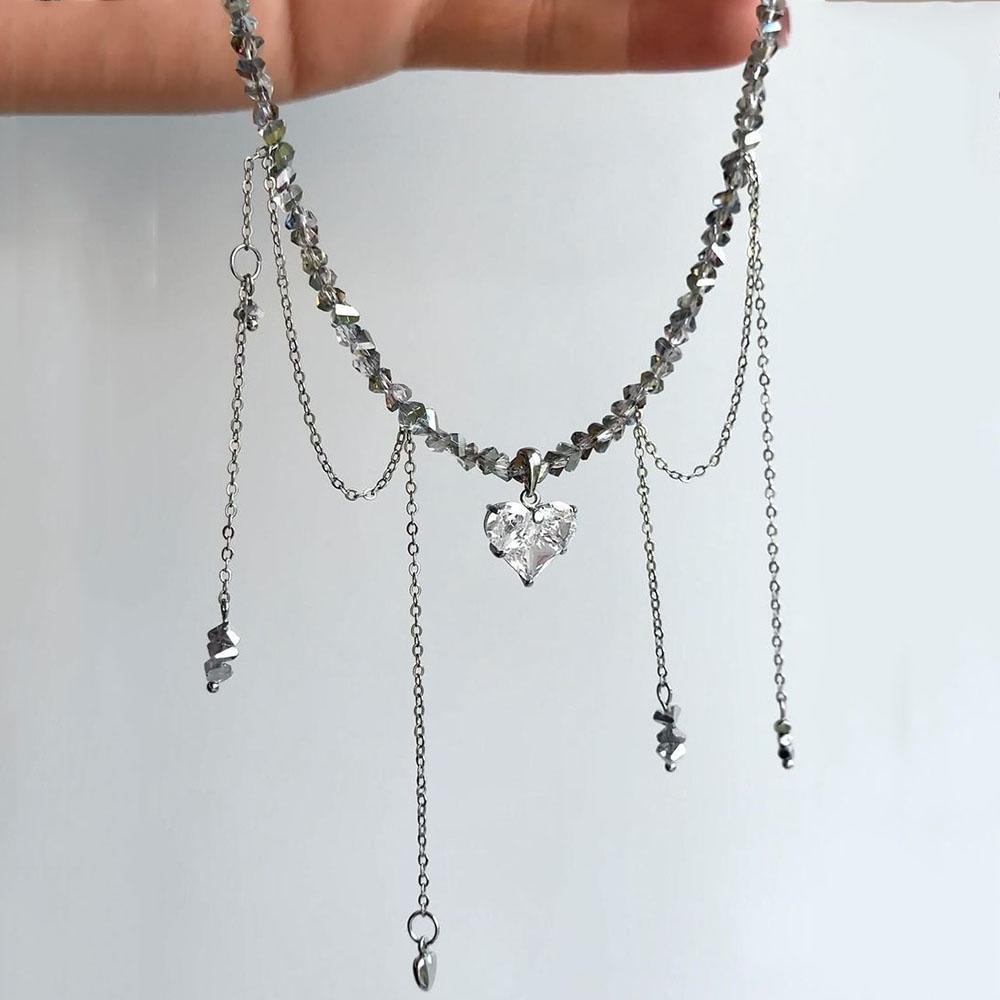Boho Geometric Transparent Crystal Jewelry Fashion Vintage Sexy Zircon Heart Pendant Tassel Necklace For Women Neelry