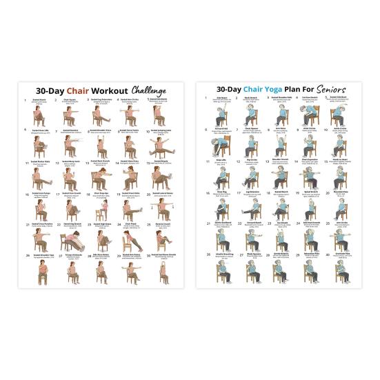 2Pcs Chair Yoga Poster Set, 30 Day Seated Exercise Chart for Seniors, Gentle Stretching Workout Guide for Elderly, Strength Training Wall Art M