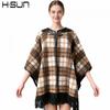 Womens Knitted Cape Sweater With Fringe Trim Retro Plaid Patchwork Street Style Winter Outerwear