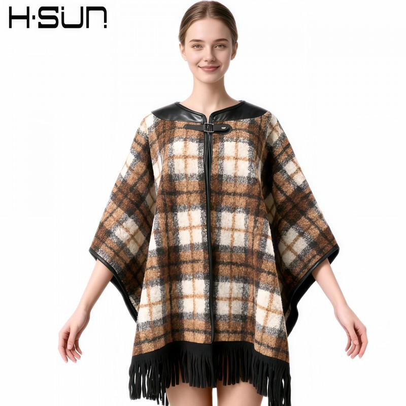 Womens Knitted Cape Sweater With Fringe Trim Retro Plaid Patchwork Street Style Winter Outerwear