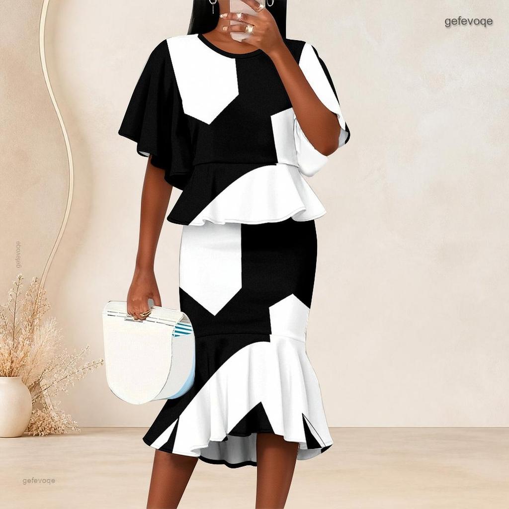 Women Plus Size Black White Printed Round Neck Batwing Sleeve Ruffle Hem Top Fishtail Skirt Two Piece Set