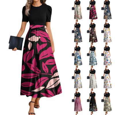 Ladies Fashion Casual Belt Short Sleeve Round Neck Floral Print Splicing Elegant Temperament Dress