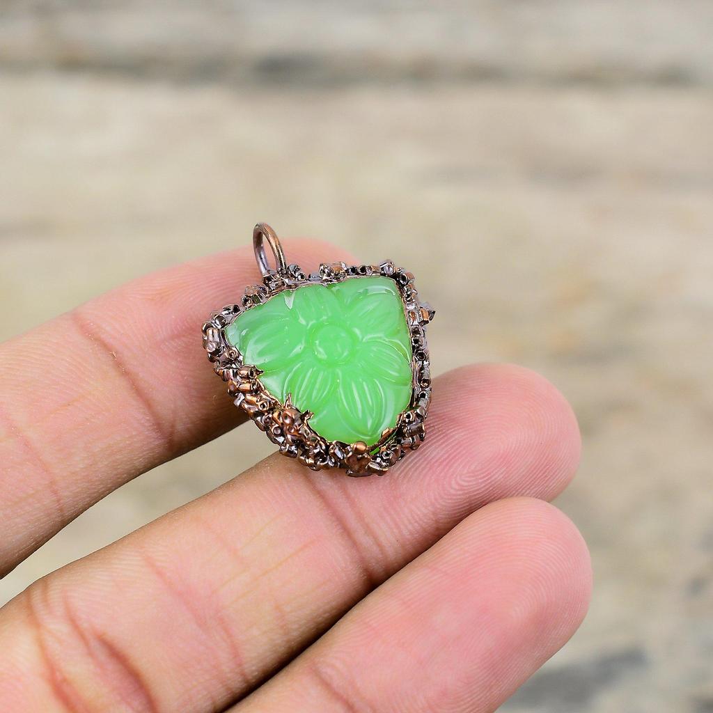 Carved Green Onyx Pendant Electroformed Copper Pendant Genuine Gemstone Pendant Electroformed Copper Jewelry Handmade Pendant Gift For Women