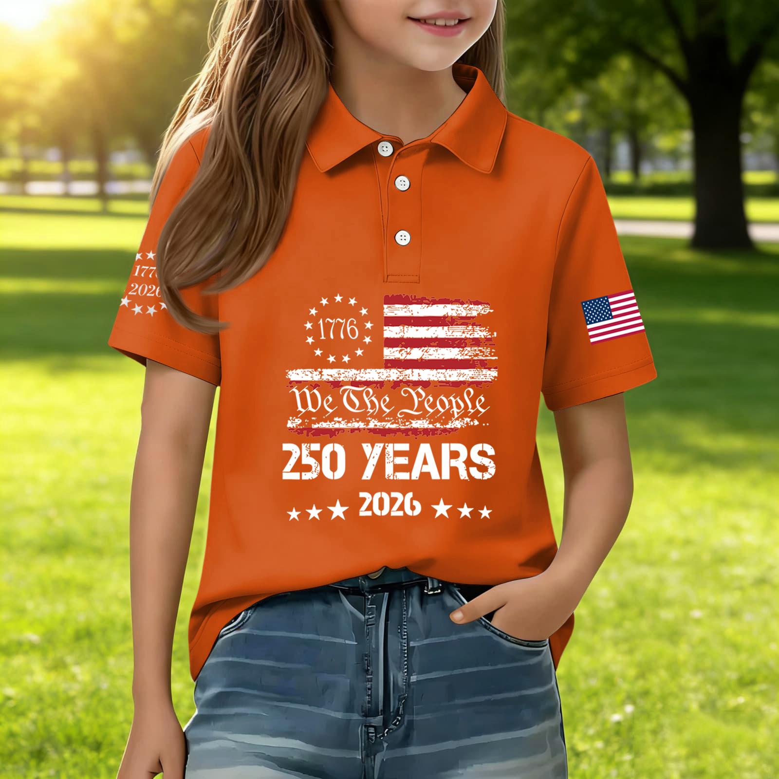 

Kids Casual Short Sleeve Polo Shirt Independence Day Print 250 Years 1776 2026 Graphic Tee for Boys and Girls Comfortable Fit 160 оранжевый