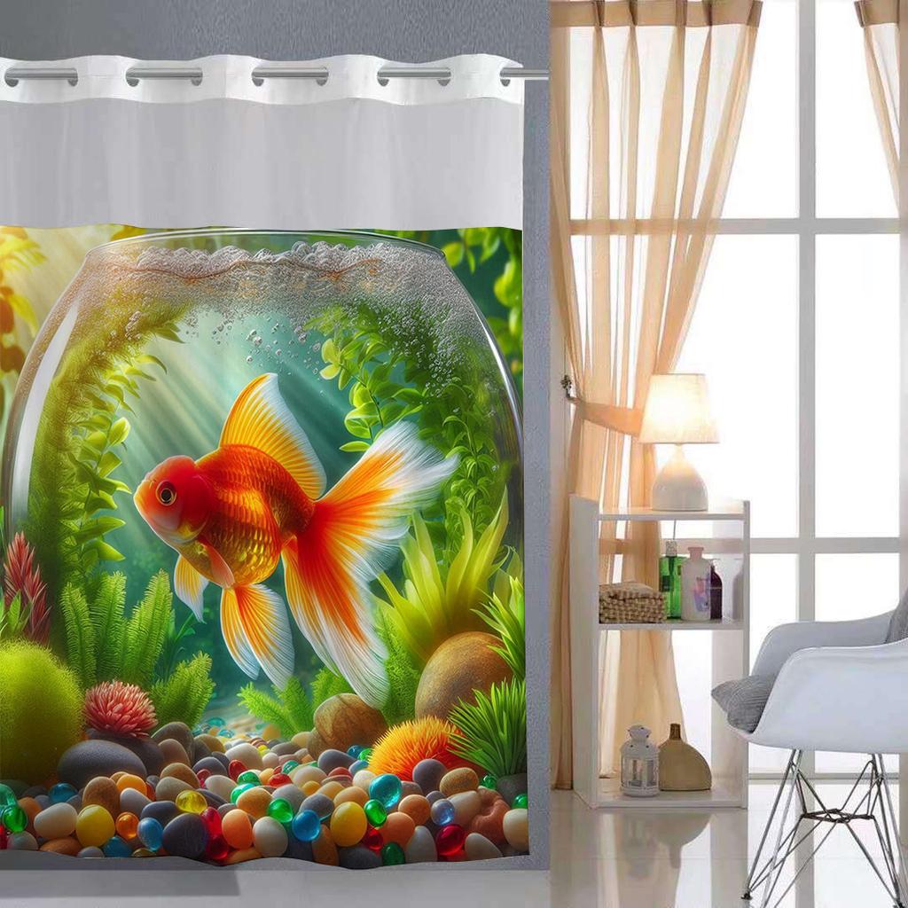 No Hook Lotus Fishes Pattern Shower Curtain With Snap-in Fabric Liner, Sheer Top Window, Waterproof Double Layer Bathtub Curtain