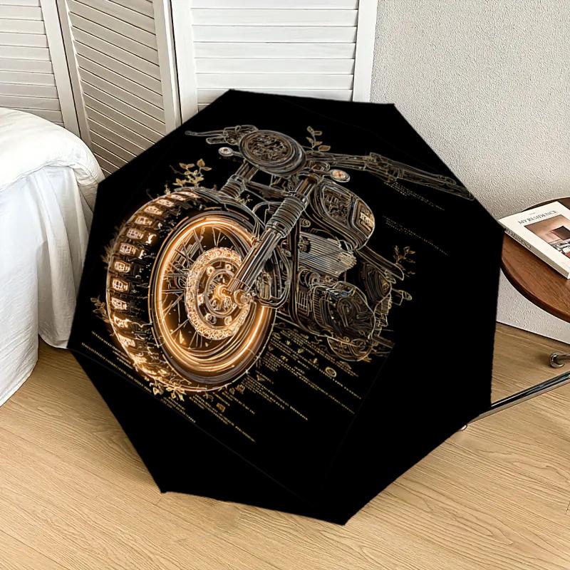 Golden Motorcycle Print Umbrella - Automatic Opening/Closing, Foldable Design, Outdoor Use, Gift for Fans & Travelers1121247a