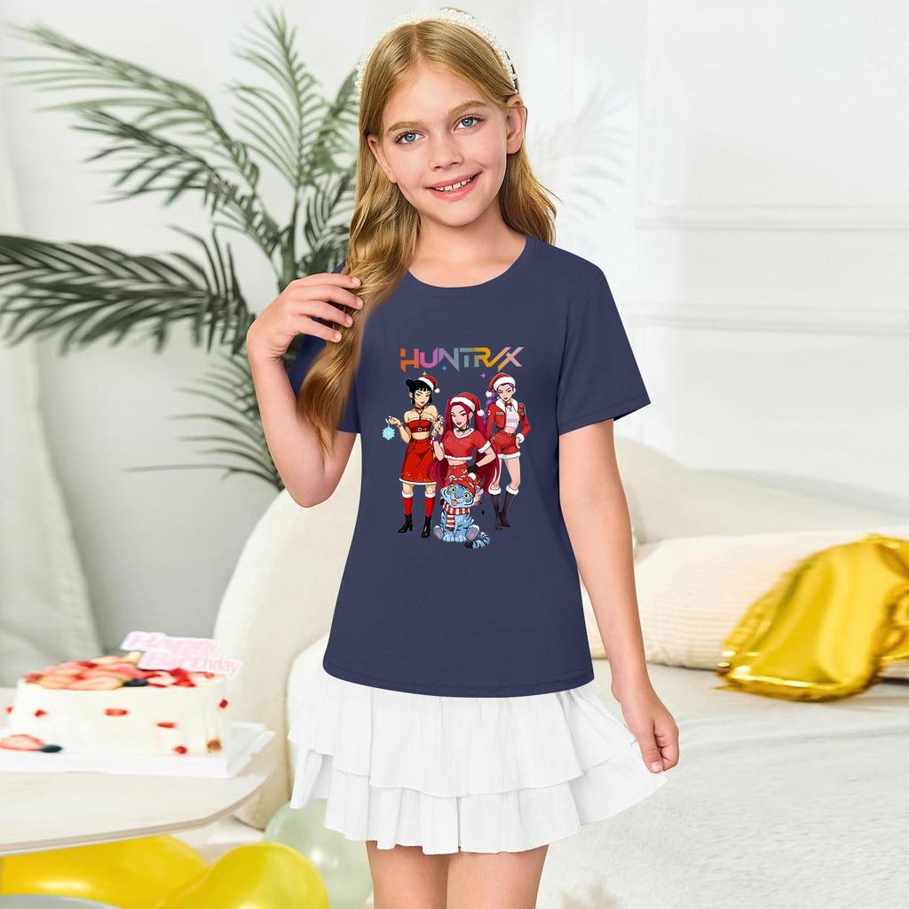 Girls' Round Neck Short Sleeves Christmas Witch  Group Print Casual Short Sleeves