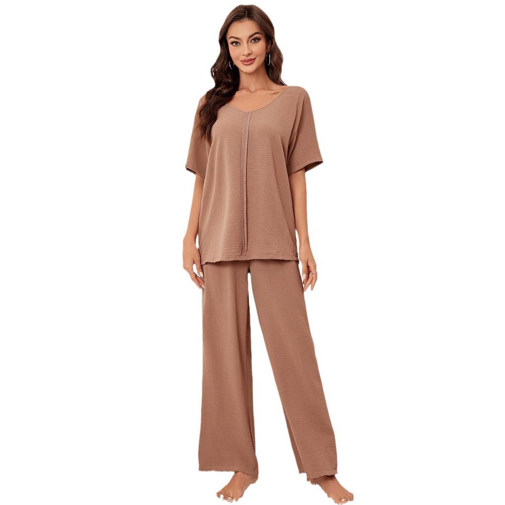 European and American loungewear set spring and autumn solid color short-sleeved pajamas pajamas two-piece nightwear